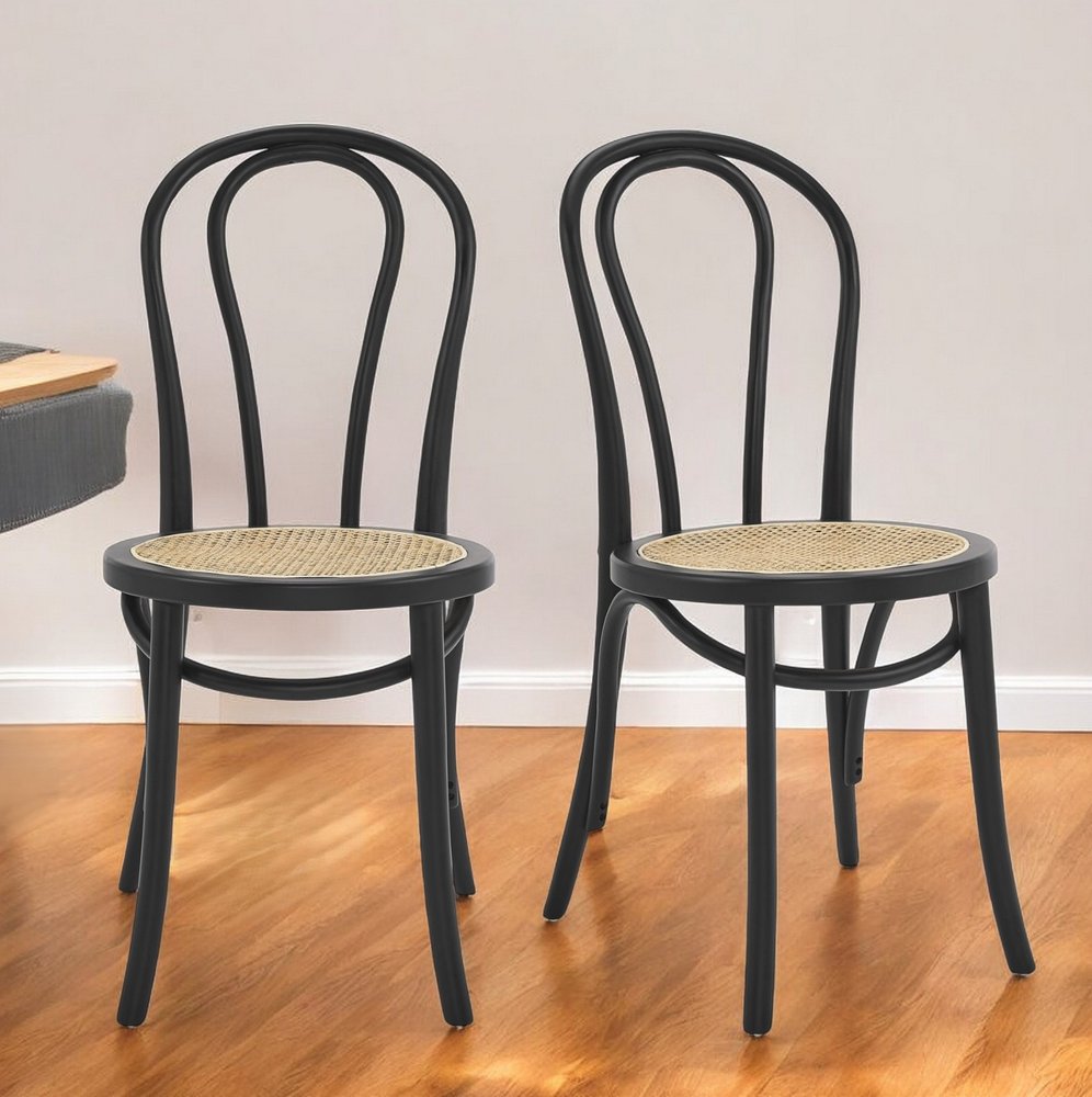 Set of Two Black and Natural Solid Wood And Rattan Curved Back Dining Side Chairs