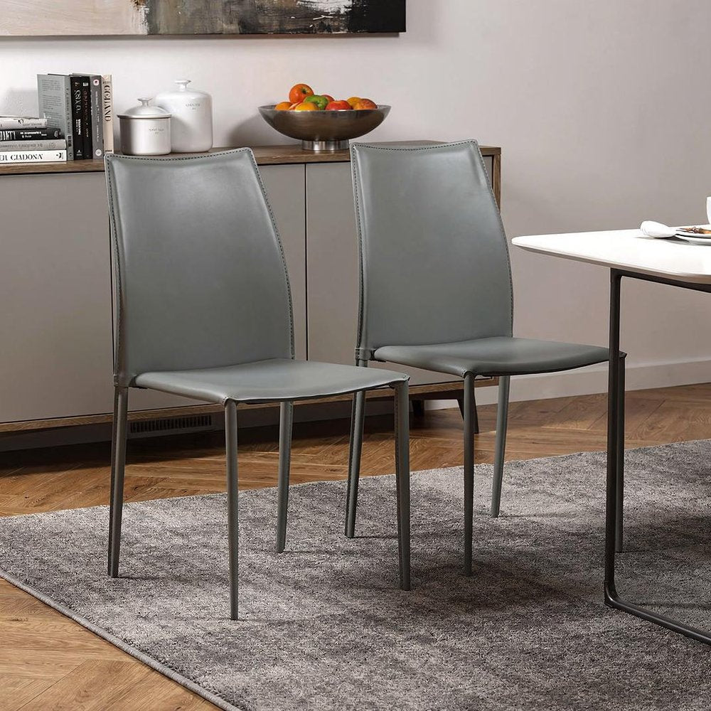 Set of Two Gray Upholstered Leather Dining Side Chairs