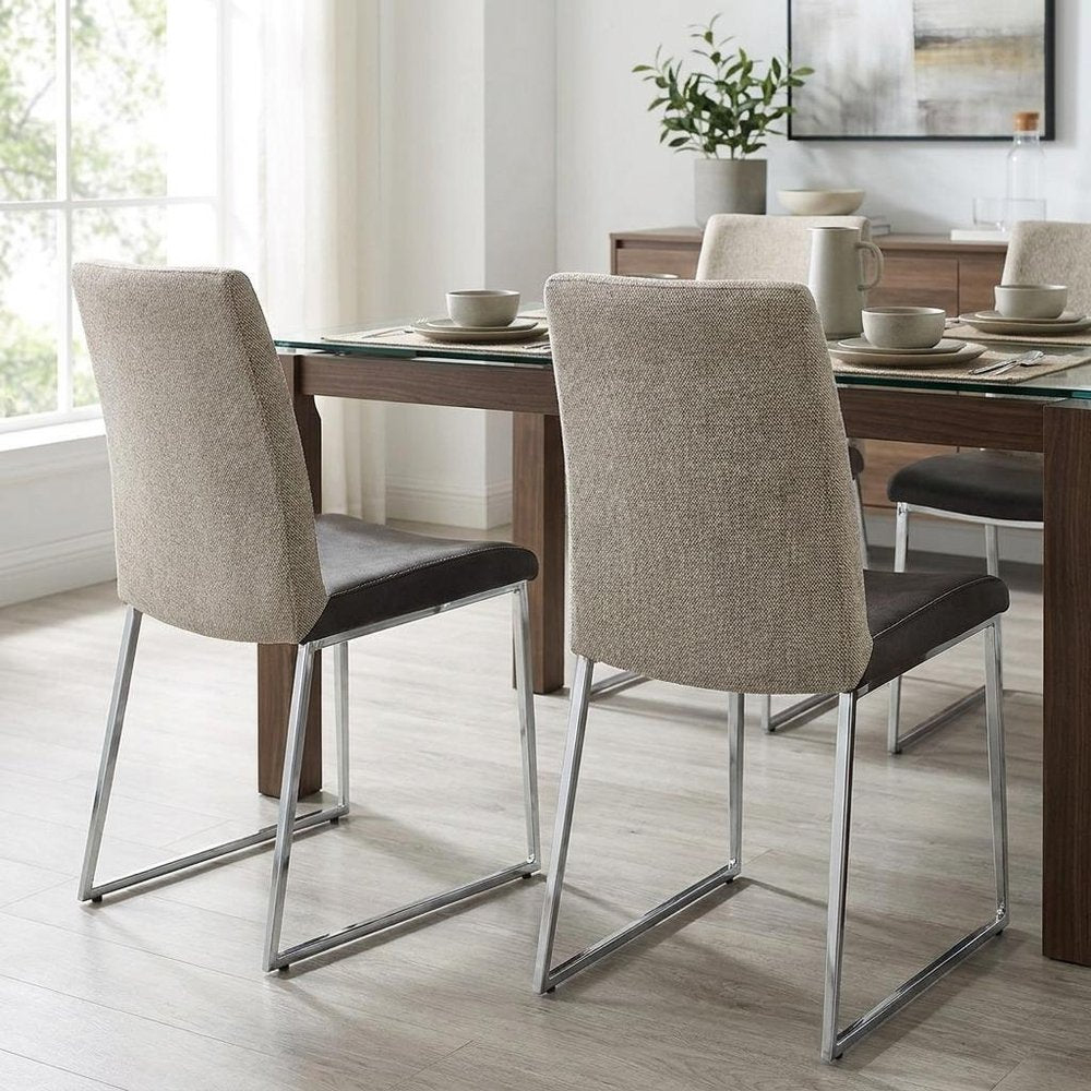 Set of Two Light Gray And Silver Upholstered Fabric Dining Side Chairs