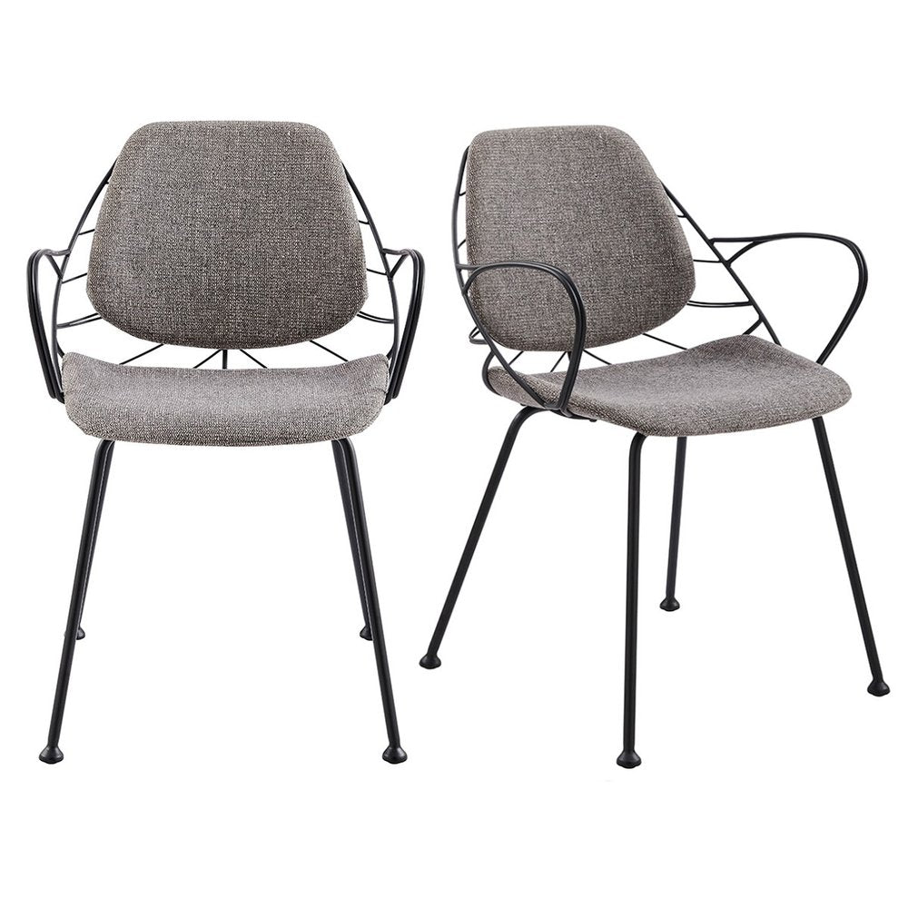 Set of Two Light Gray and Black Upholstered Fabric Dining Arm Chairs