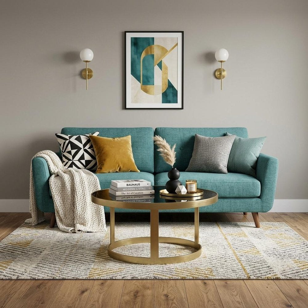32" Black and Gold Glass and Iron Round Frame Coffee Table