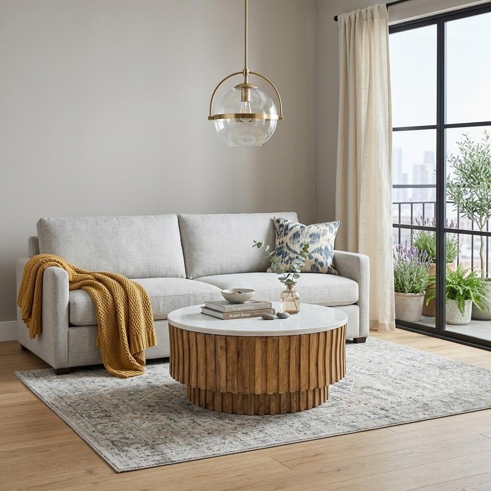 42" Ivory and Natural Genuine Marble and Solid Wood Round Solid Coffee Table