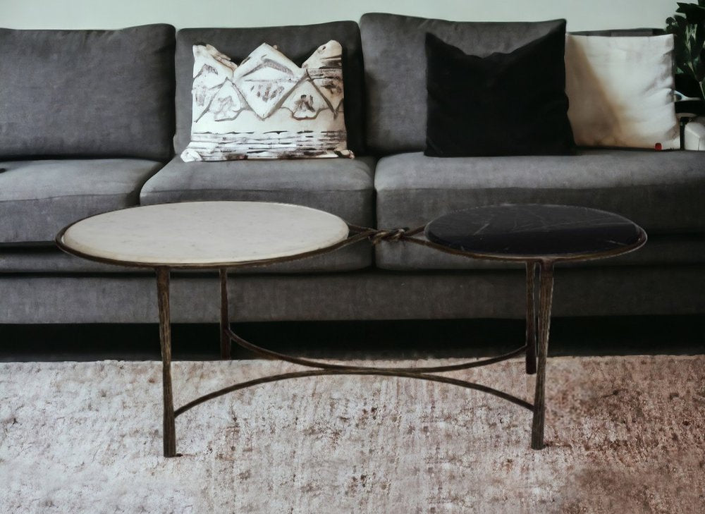 48" Black Ivory and Brass Genuine Marble and Iron Round Frame Coffee Table