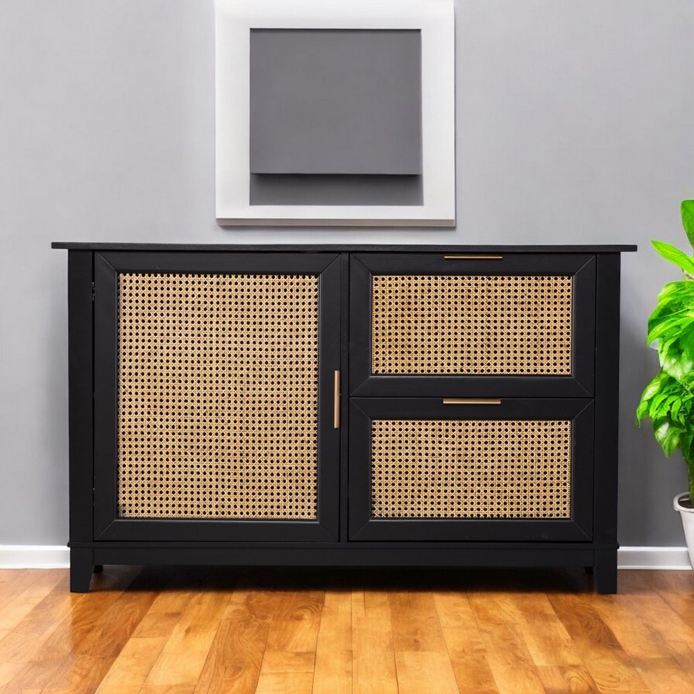 50" Black Solid Wood Two Drawer Sideboard