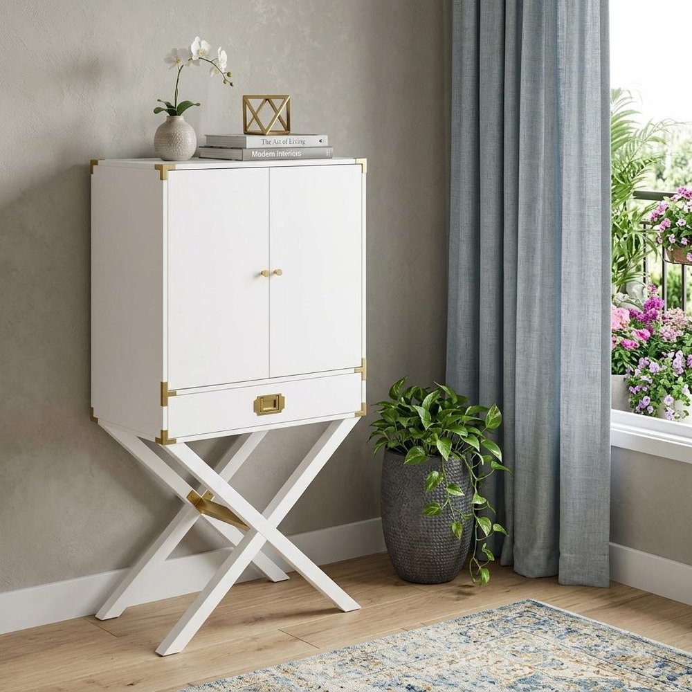 30" White Corner Display Stand With One Shelf And One Drawer