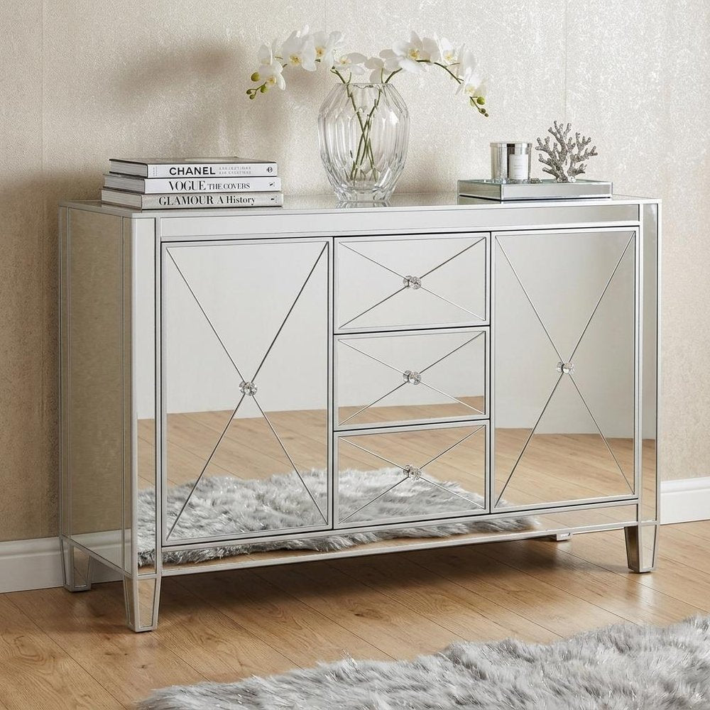 50" Silver Wood and Glass Three Drawer Credenza with Two Doors