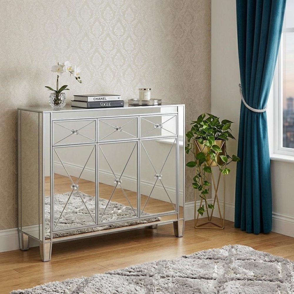 40" Silver Glass Three Drawer Sideboard with Three Doors