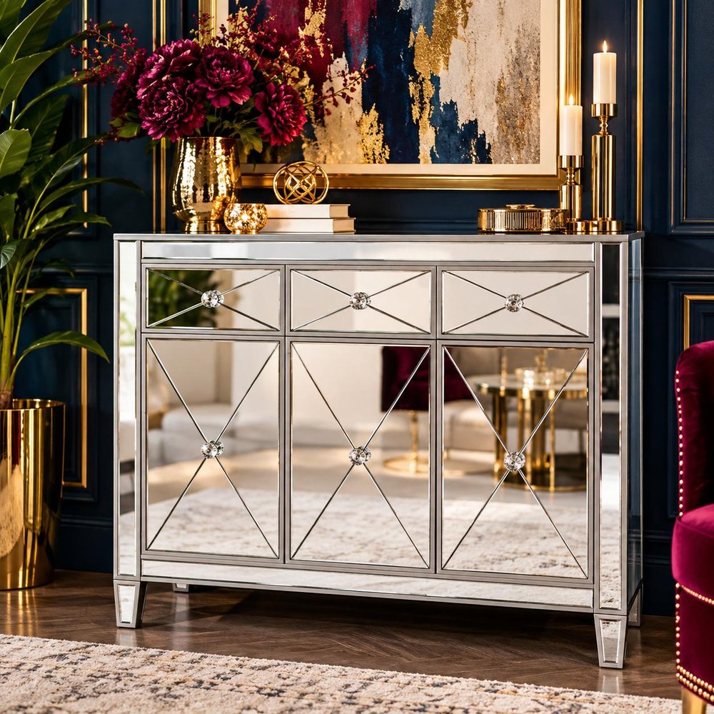 40" Silver Glass Three Drawer Sideboard with Three Doors