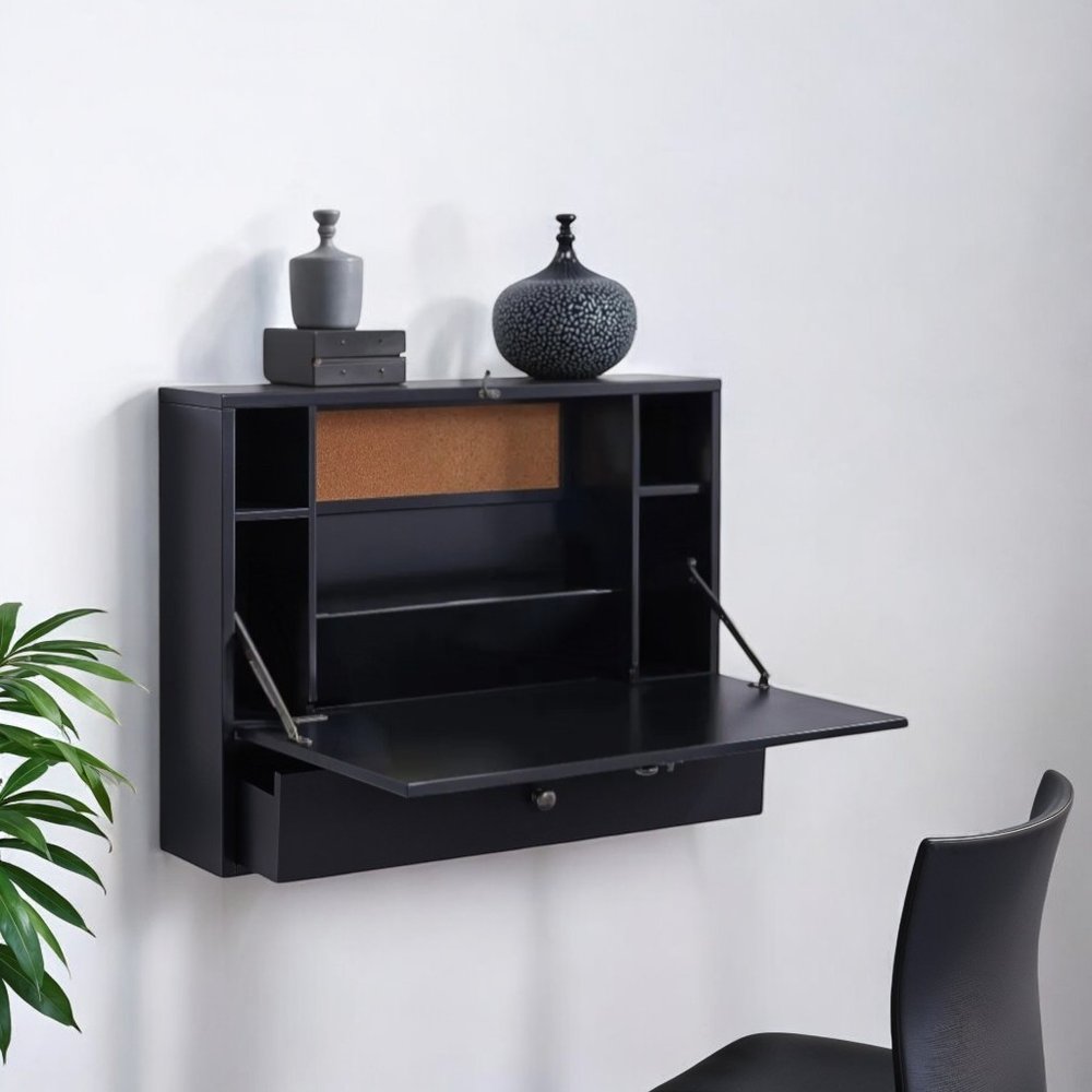 26" Black Wood Wall Mounted Folding Floating Desk