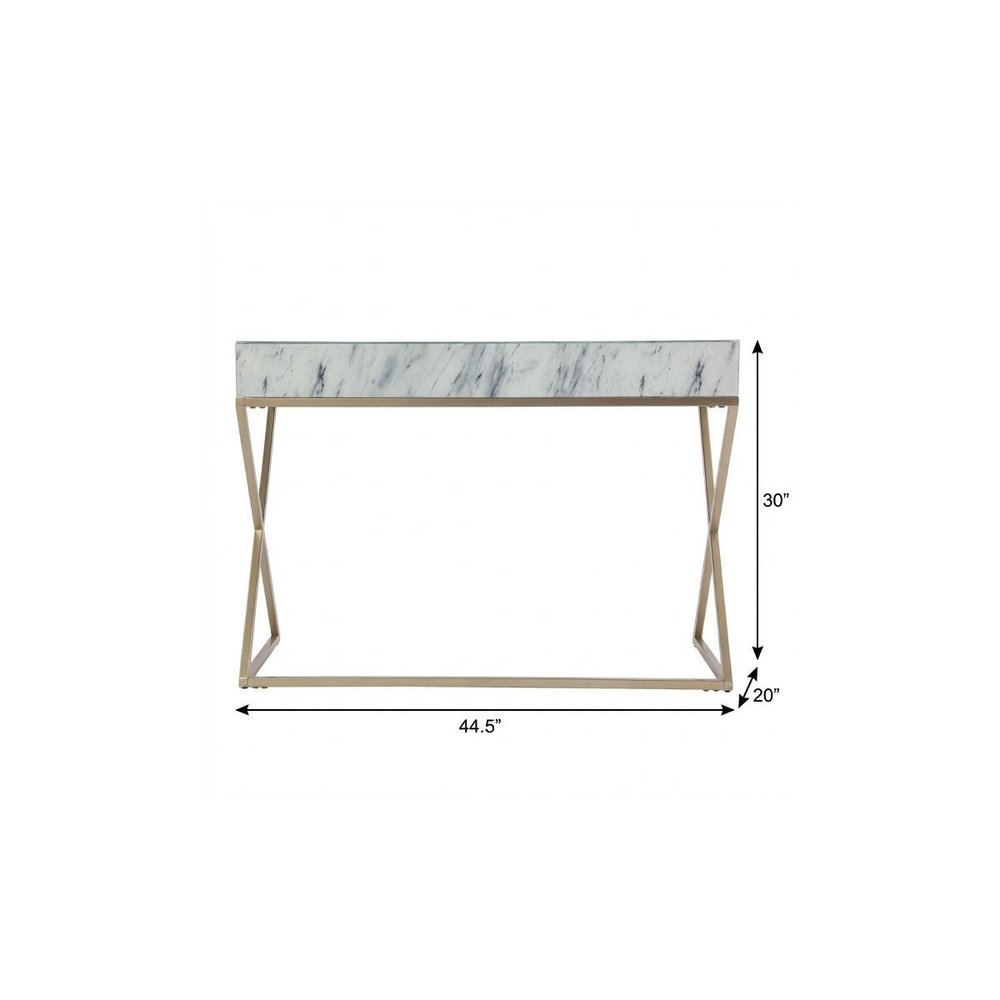 45" White and Bronze Glass Writing Desk With Two Drawers