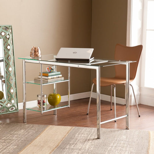 47" Clear and Silver Glass and Metal Writing Desk