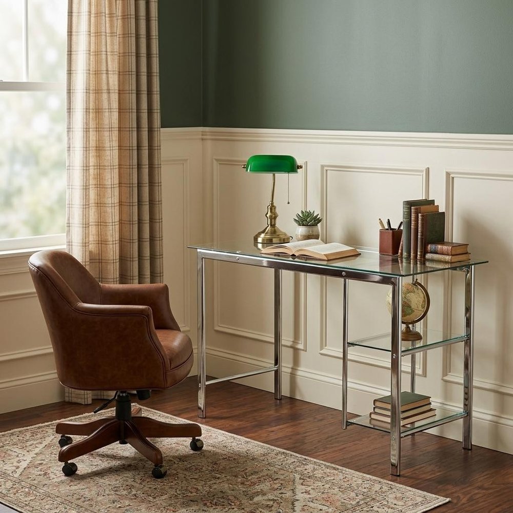 47" Clear and Silver Glass and Metal Writing Desk