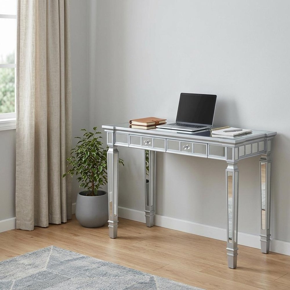 47" Silver Wood Mirrored With Two Drawers