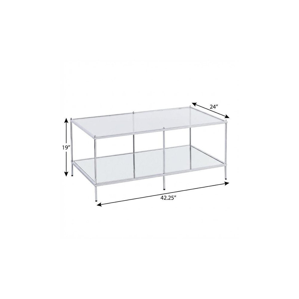 42" Chrome Glass And Metal Rectangular Mirrored Coffee Table