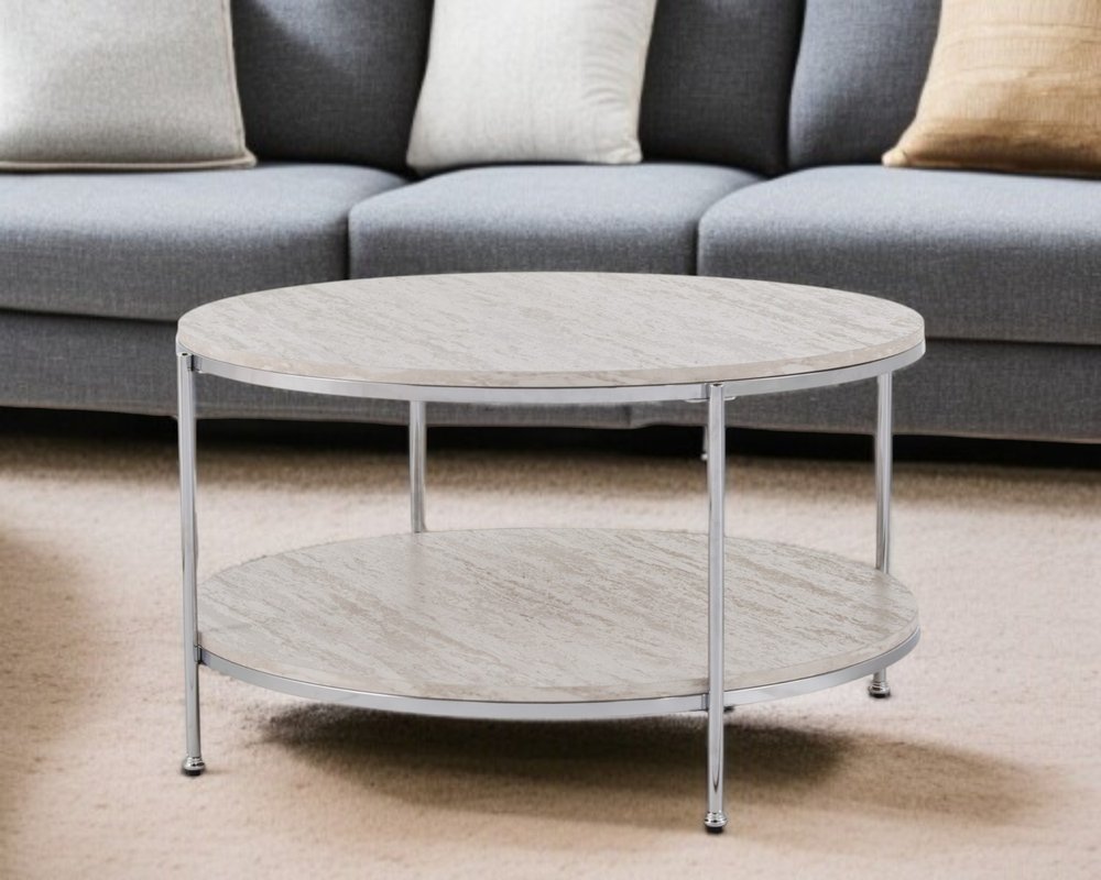 33" Chrome Faux Marble And Metal Round Coffee Table