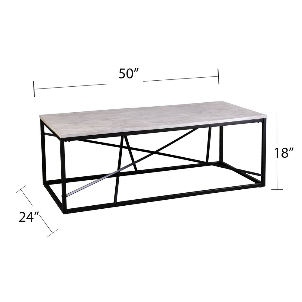 50" Black And White Faux Marble and Metal Geo Rectangular Coffee Table
