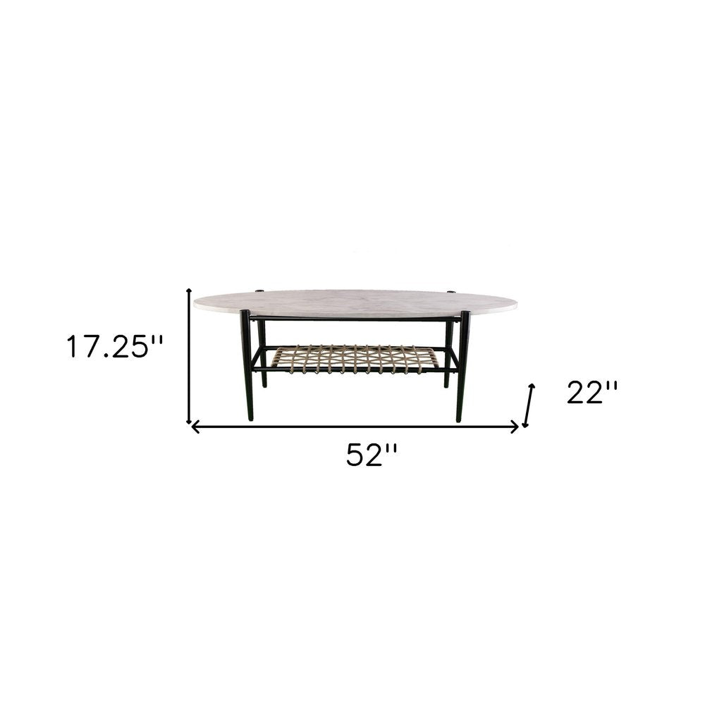 52" Black and White Metal and Faux Marble Boho Rope Oval Coffee Table