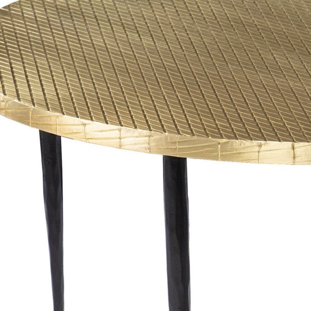 34" Black And Gold Embossed Metal Round Coffee Table
