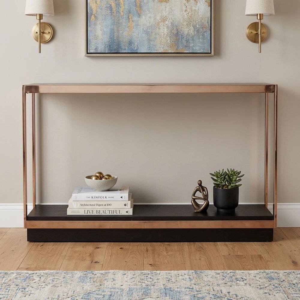 48" Clear Black and Champagne Glass Floor Shelf Console Table With Shelf