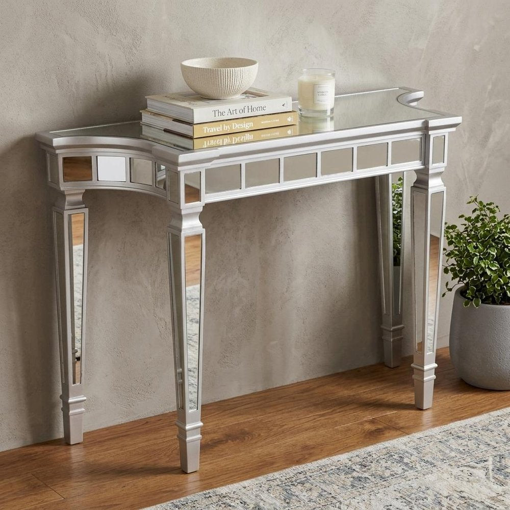 45" Silver Mirrored Glass and Wood Free Form Console Table