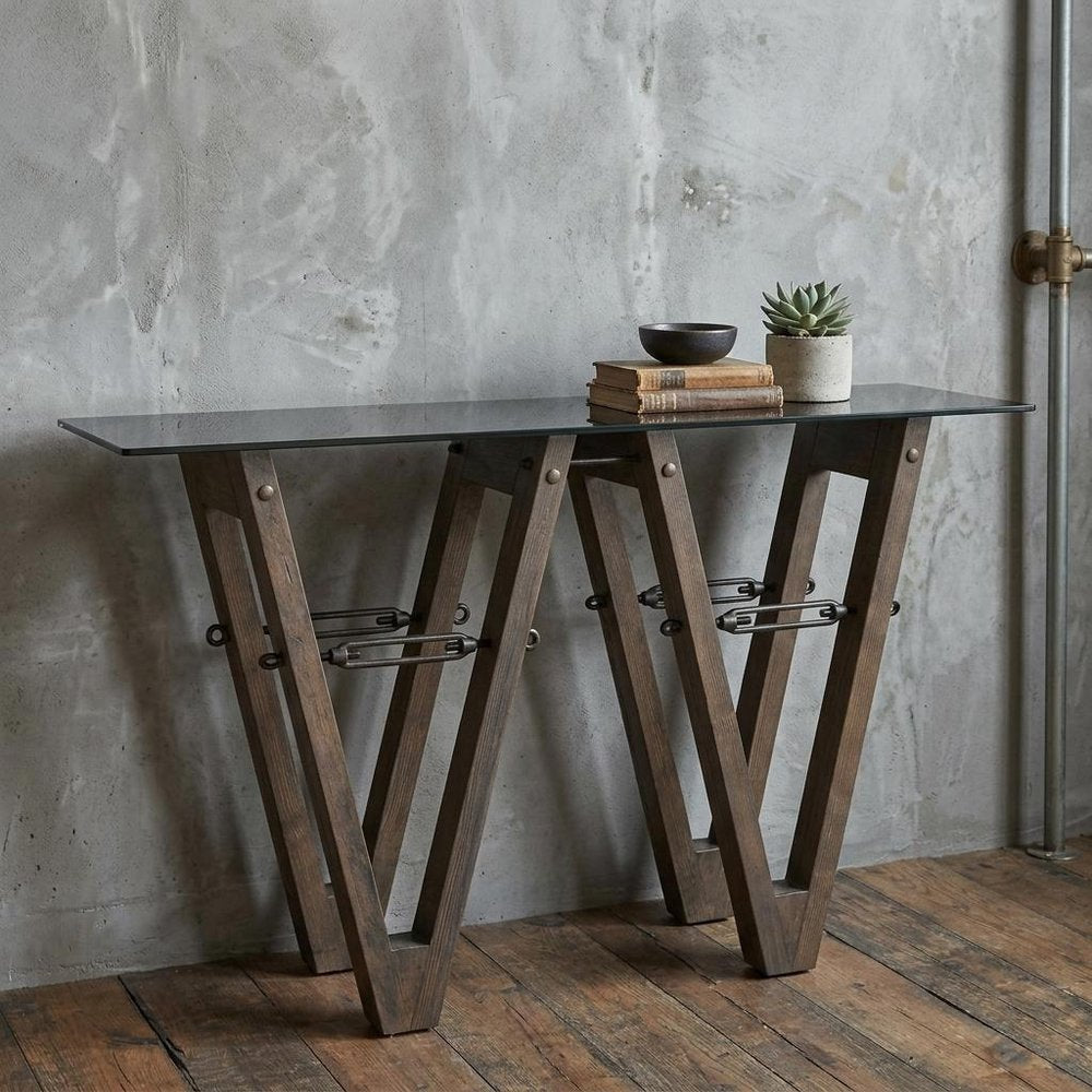 46" Clear Gray and Brown Glass and Solid Wood Abstract Console Table