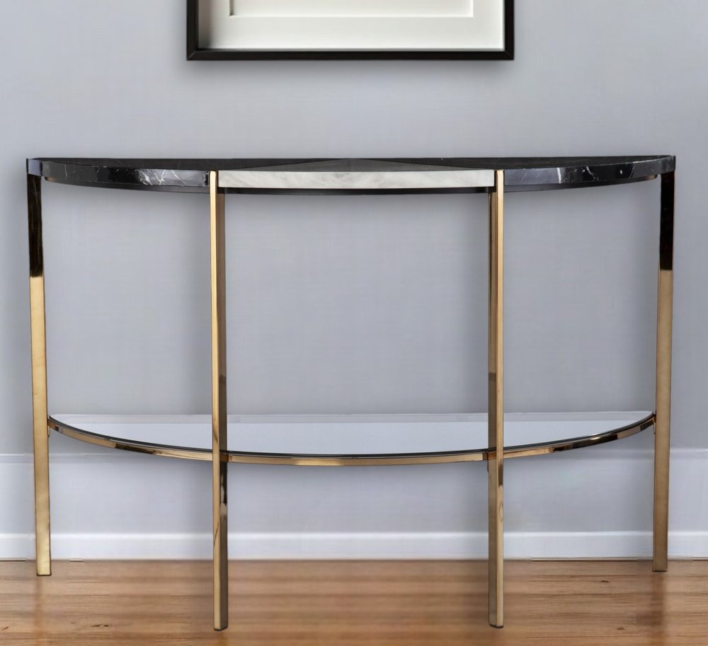44" Black White and Champagne Faux Marble Half Moon Console Table With Shelves