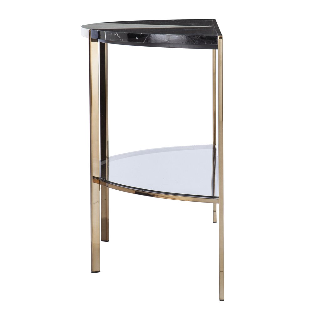 44" Black White and Champagne Faux Marble Half Moon Console Table With Shelves