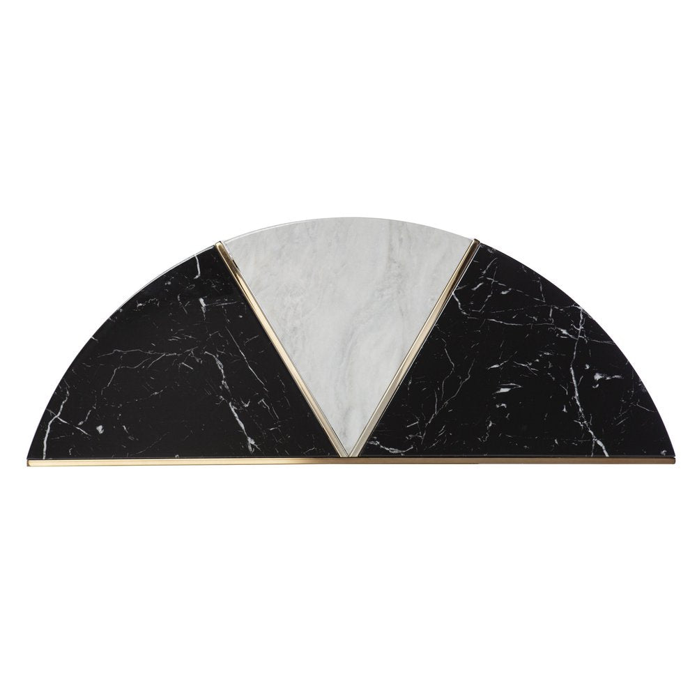 44" Black White and Champagne Faux Marble Half Moon Console Table With Shelves