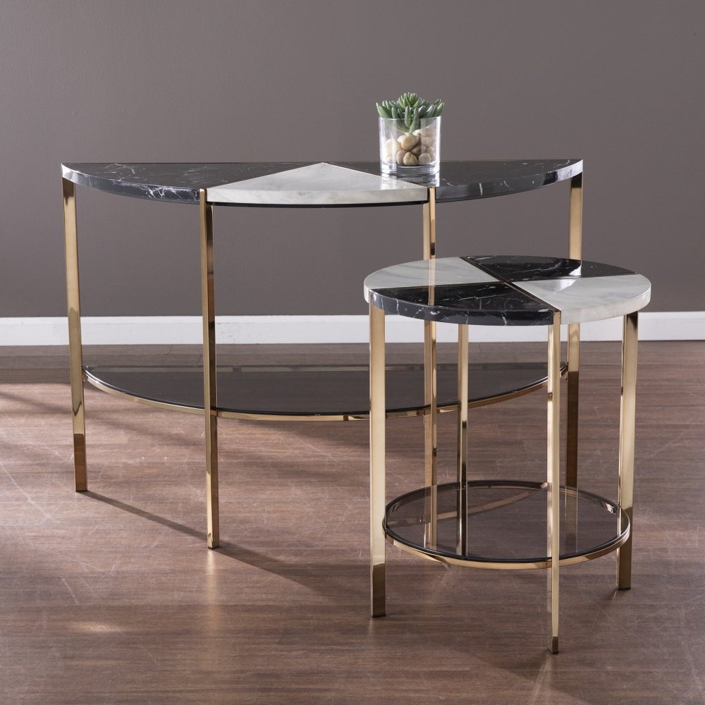 44" Black White and Champagne Faux Marble Half Moon Console Table With Shelves