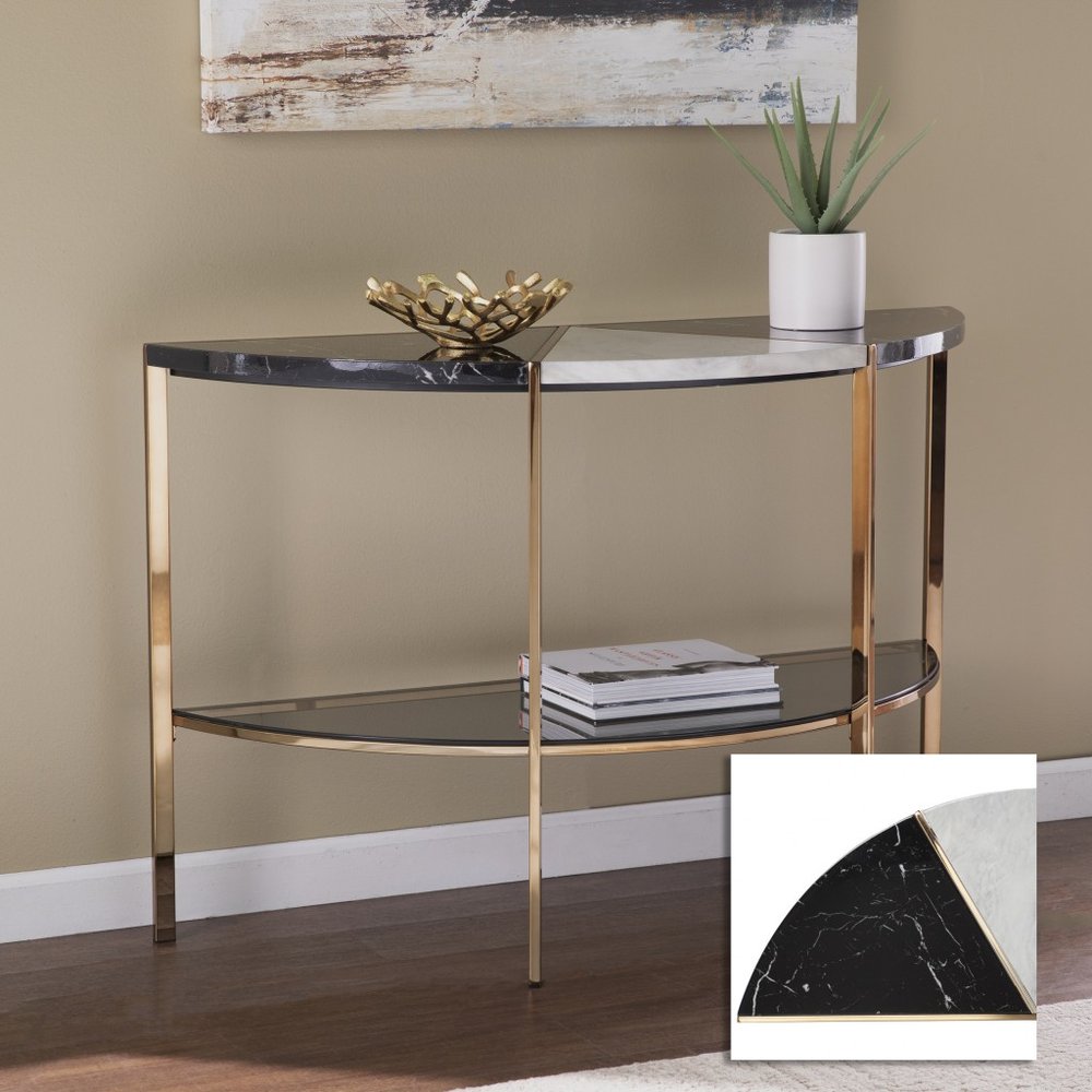 44" Black White and Champagne Faux Marble Half Moon Console Table With Shelves