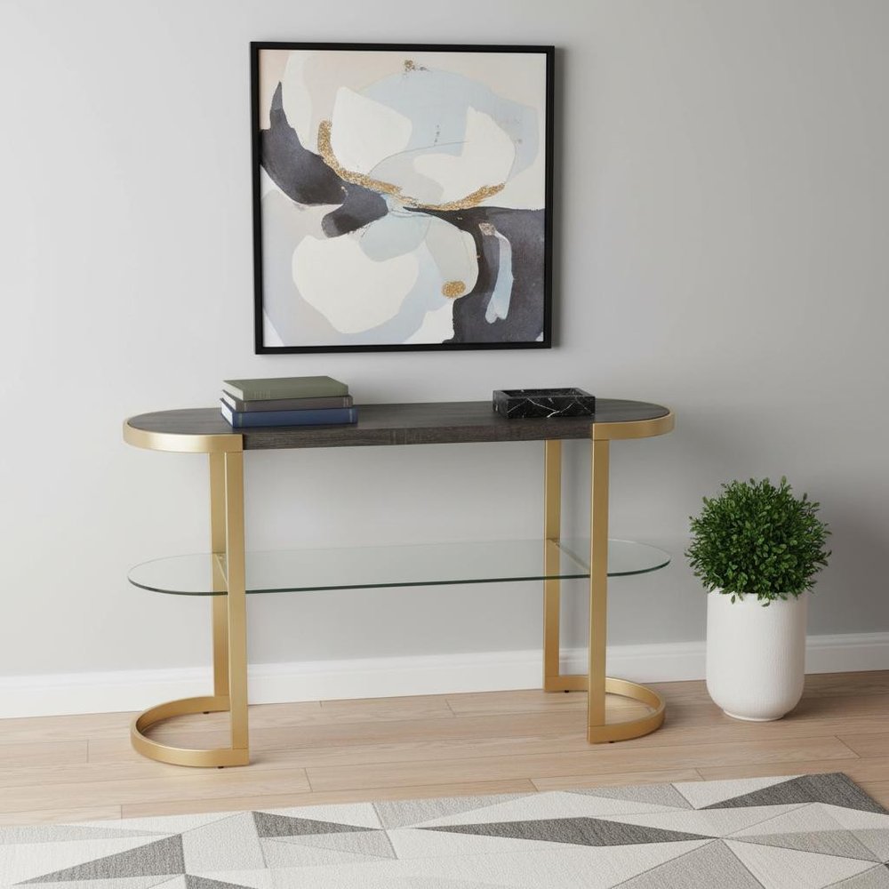 49" Gray and Gold Solid Wood Oval Sled Console Table With Storage