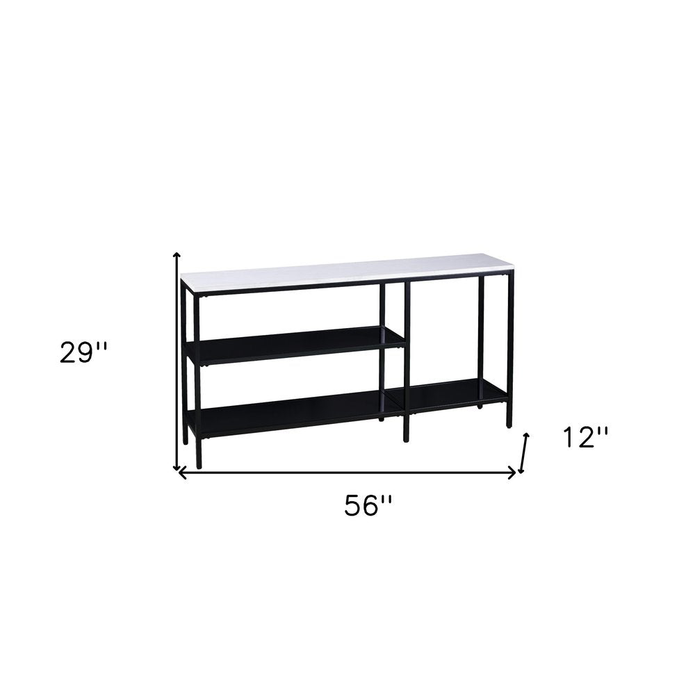 56" White and Black Faux Marble Frame Console Table Two Shelves