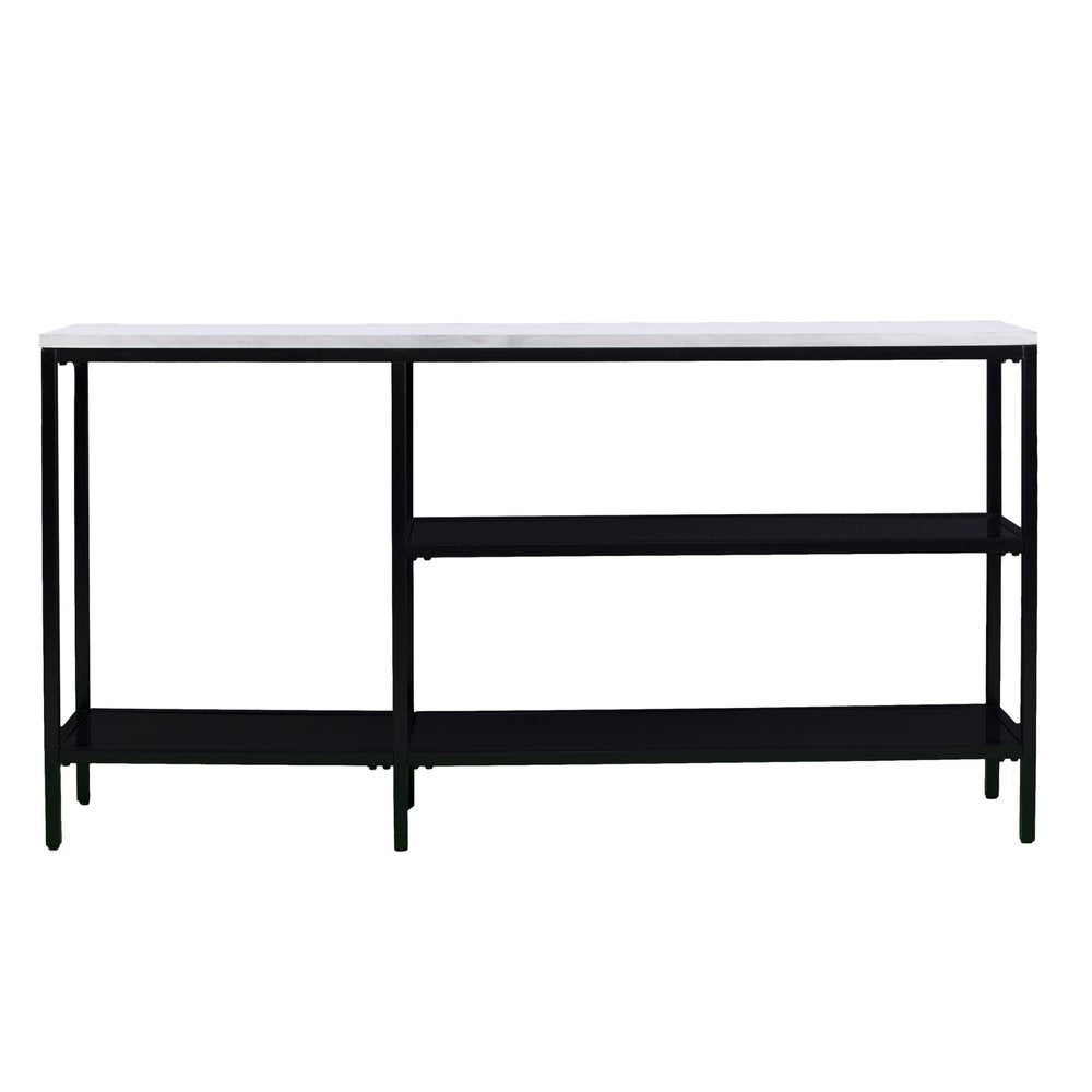 56" White and Black Faux Marble Frame Console Table Two Shelves