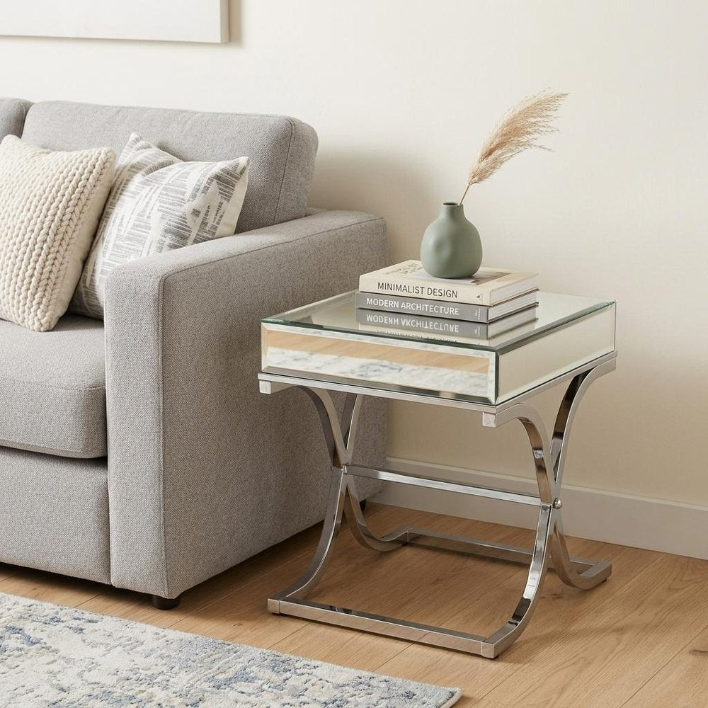 22" Silver And Clear Mirrored Glass Square End Table