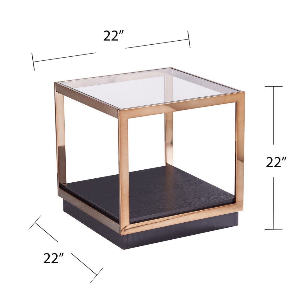 22" Champagne Glass And Iron Square Block End Table With Shelf