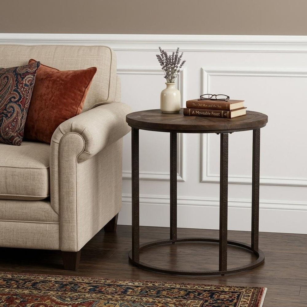24" Natural Solid Wood And Iron Round Sled End Table