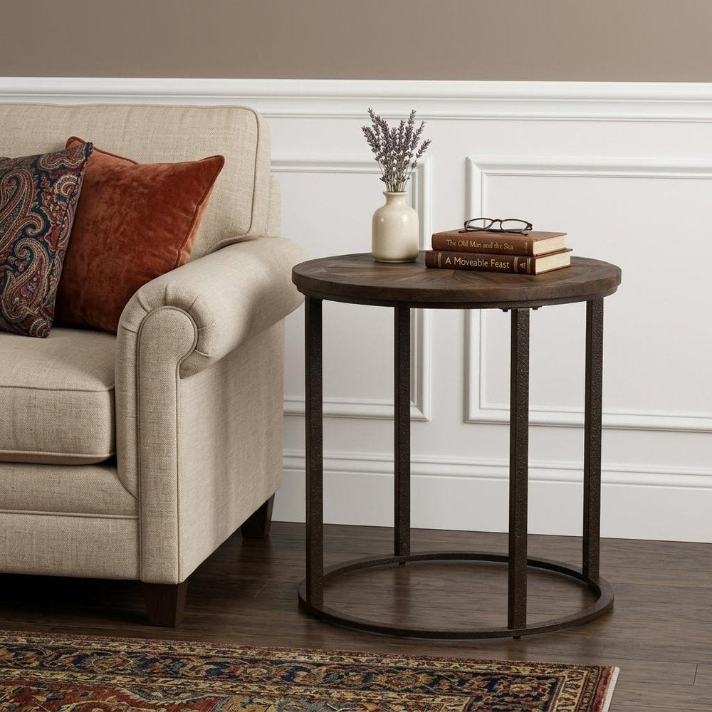 24" Natural Wood Solid Wood And Iron Round End Table