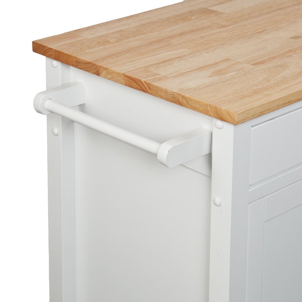 42" Natural and White Butcher Block and Iron Rolling Kitchen Cart With Storage