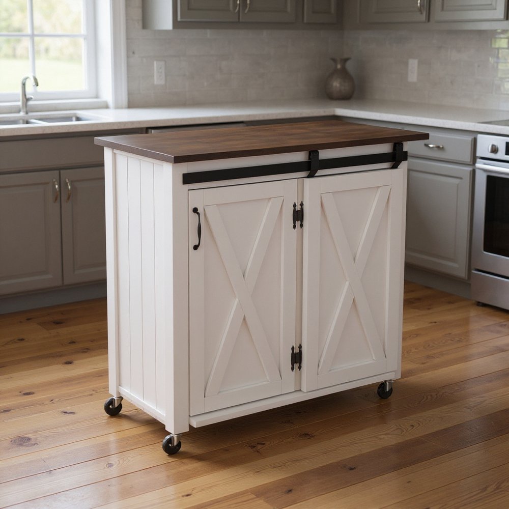 35" Dark Brown and White Wood Rolling Kitchen Cart