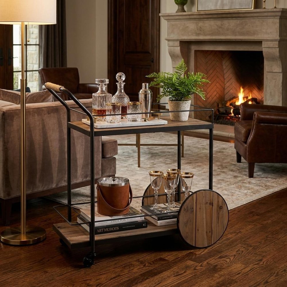 Natural and Black Iron And Reclaimed Wood Rolling Bar Cart With Wine Storage