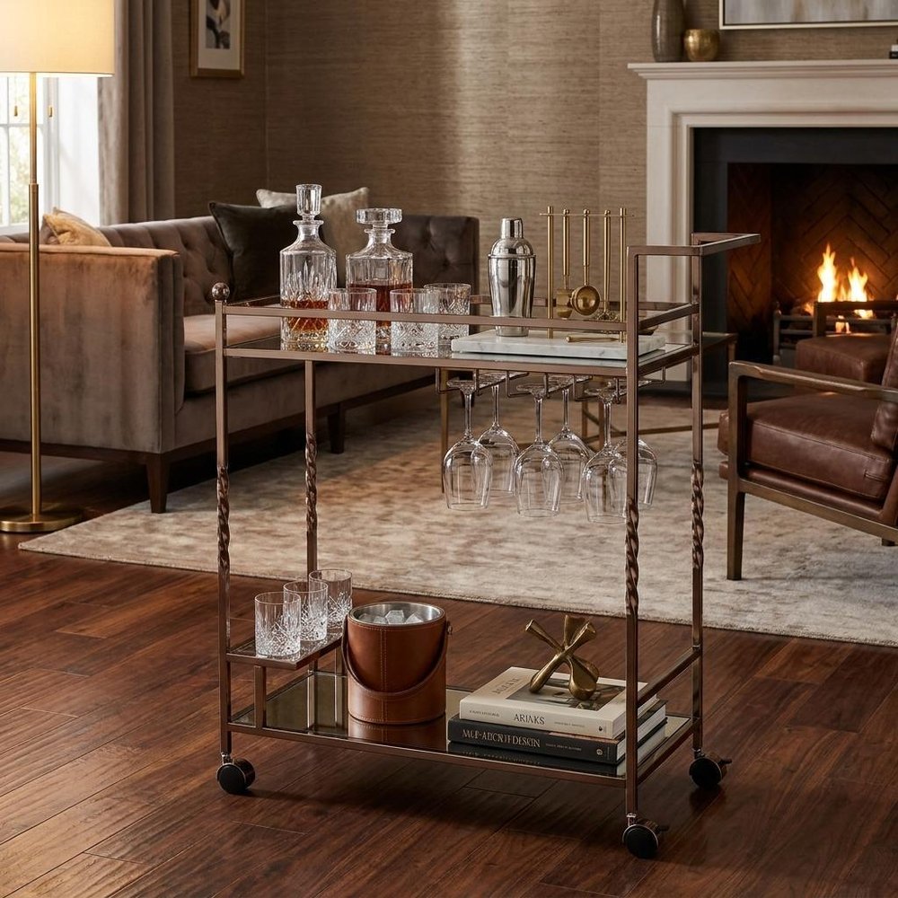 Champagne Metal And Mirrored Glass Rolling Bar Cart With Wine Storage