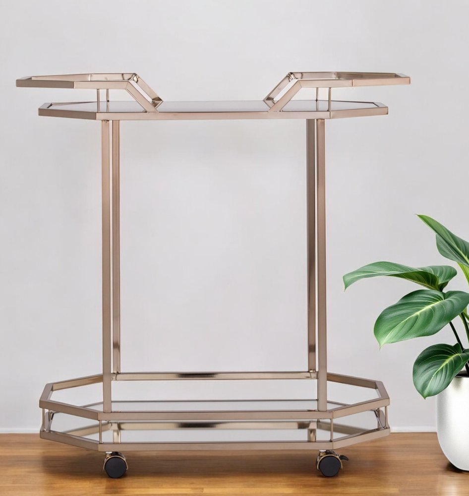 31" Champagne Iron and Mirrored Glass Octagonal Rolling Bar Cart