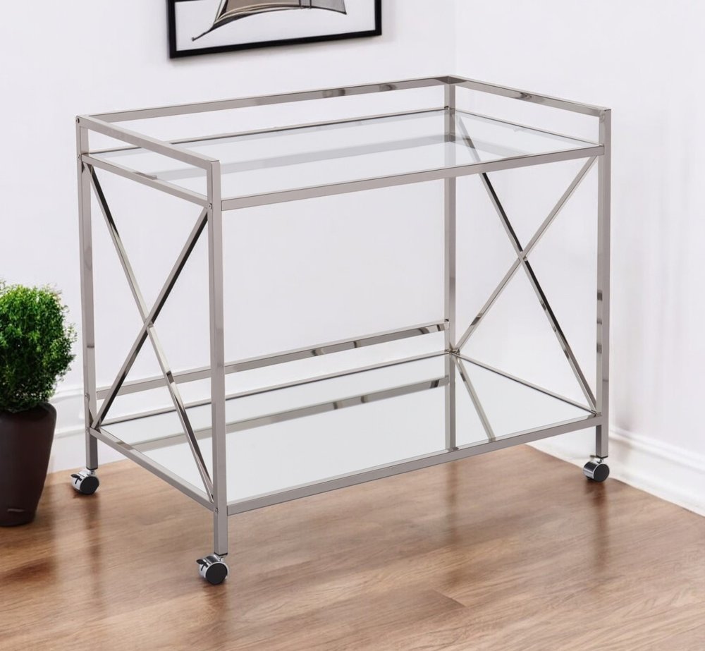 39" Silver Metal and Glass Rolling Bar Cart