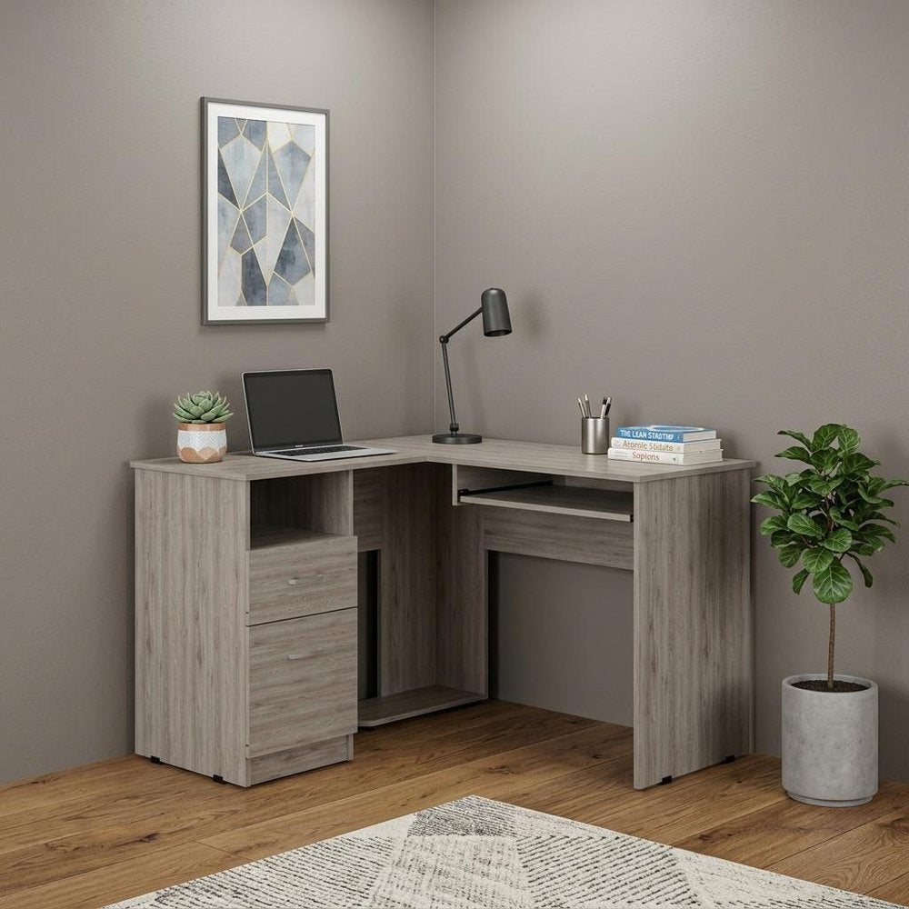 47" Light Gray L Shape Computer Desk With Two Drawers