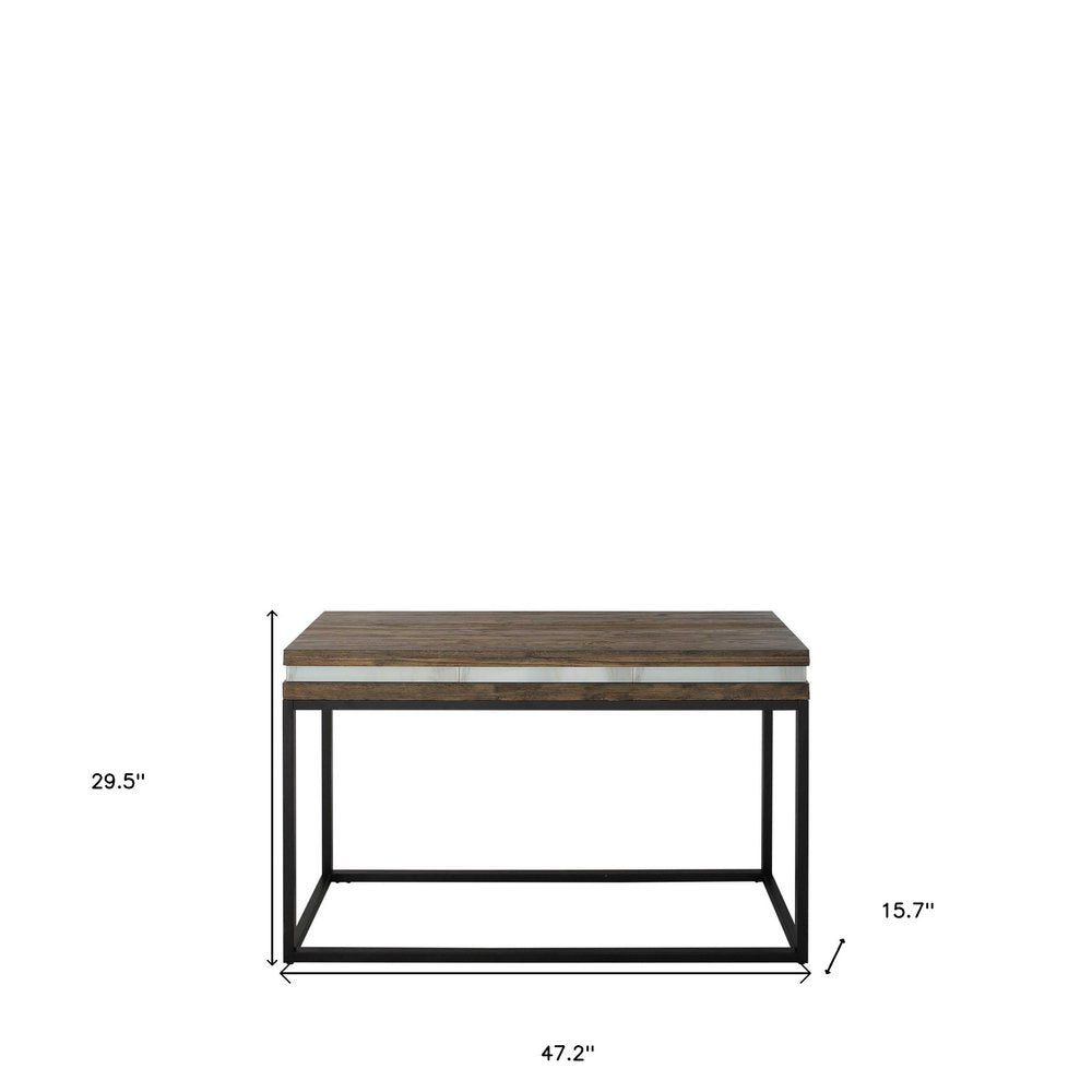 47" Brown White and Black Solid Wood And Faux Marble Sled Console Table