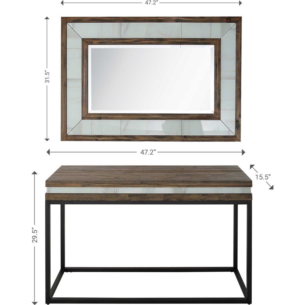47" Brown White and Black Solid Wood And Faux Marble Sled Console Table