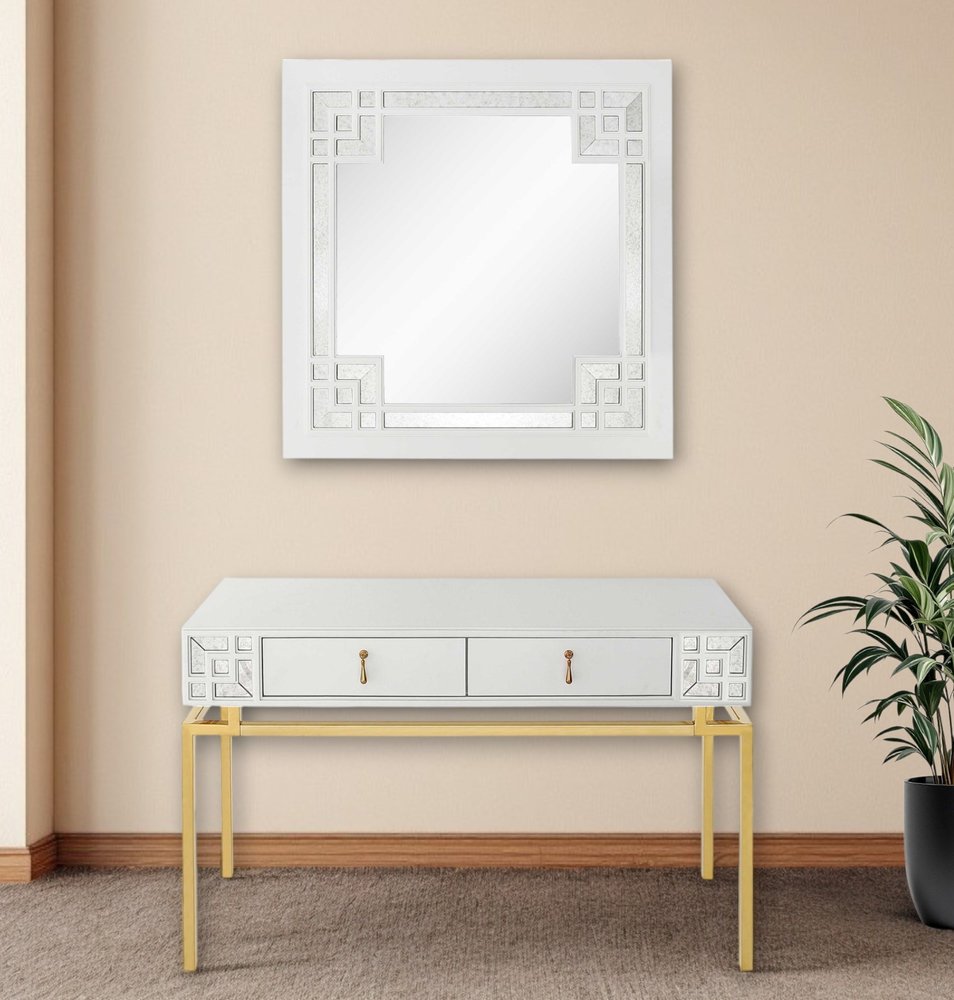 47" White and Gold Mirrored Wood Console Table With Two Drawers