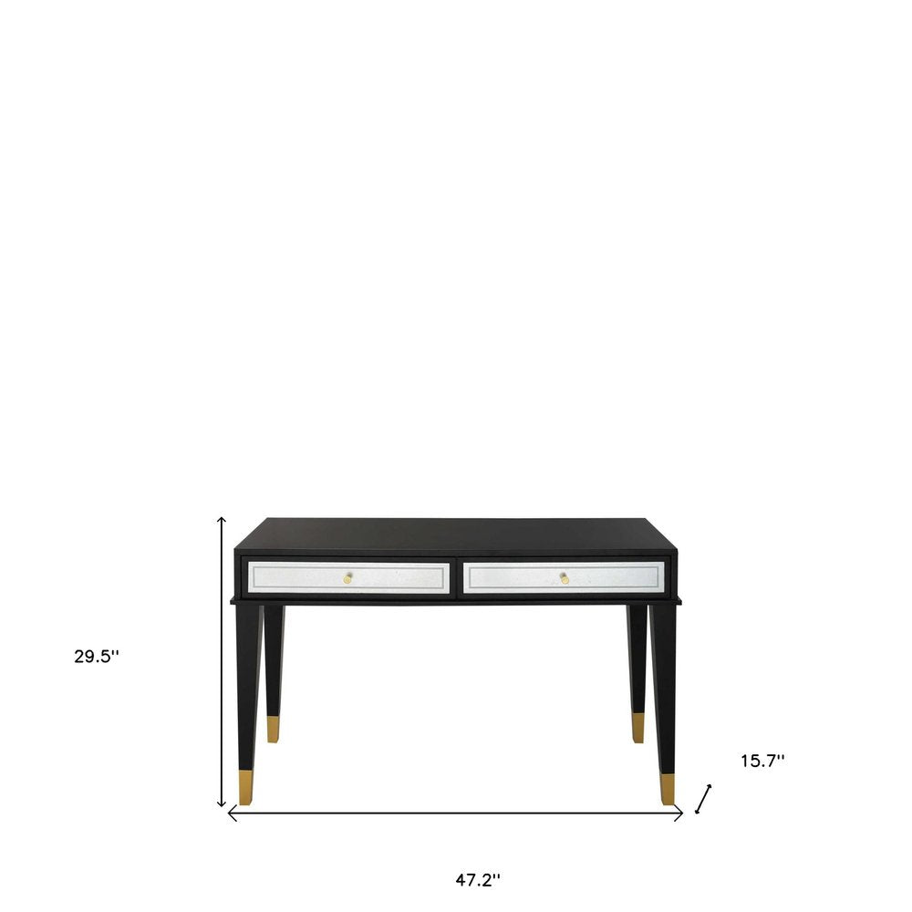 47" Black And Silver Mirrored Wood And Glass Console Table With Two Drawers