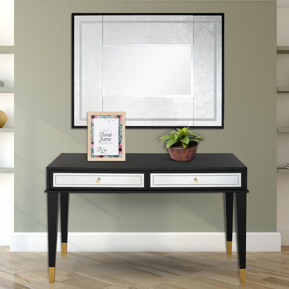 47" Black And Silver Mirrored Wood And Glass Console Table With Two Drawers