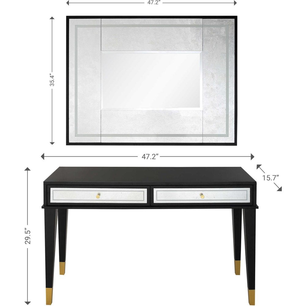47" Black And Silver Mirrored Wood And Glass Console Table With Two Drawers